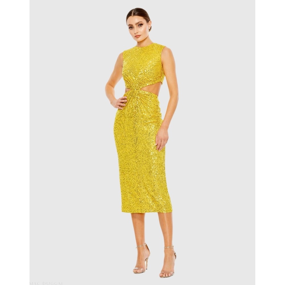 Ieena for Mac Duggal Yellow Sequin Front‎ Twist Cut Out Sheath Dress Sz 4 $398